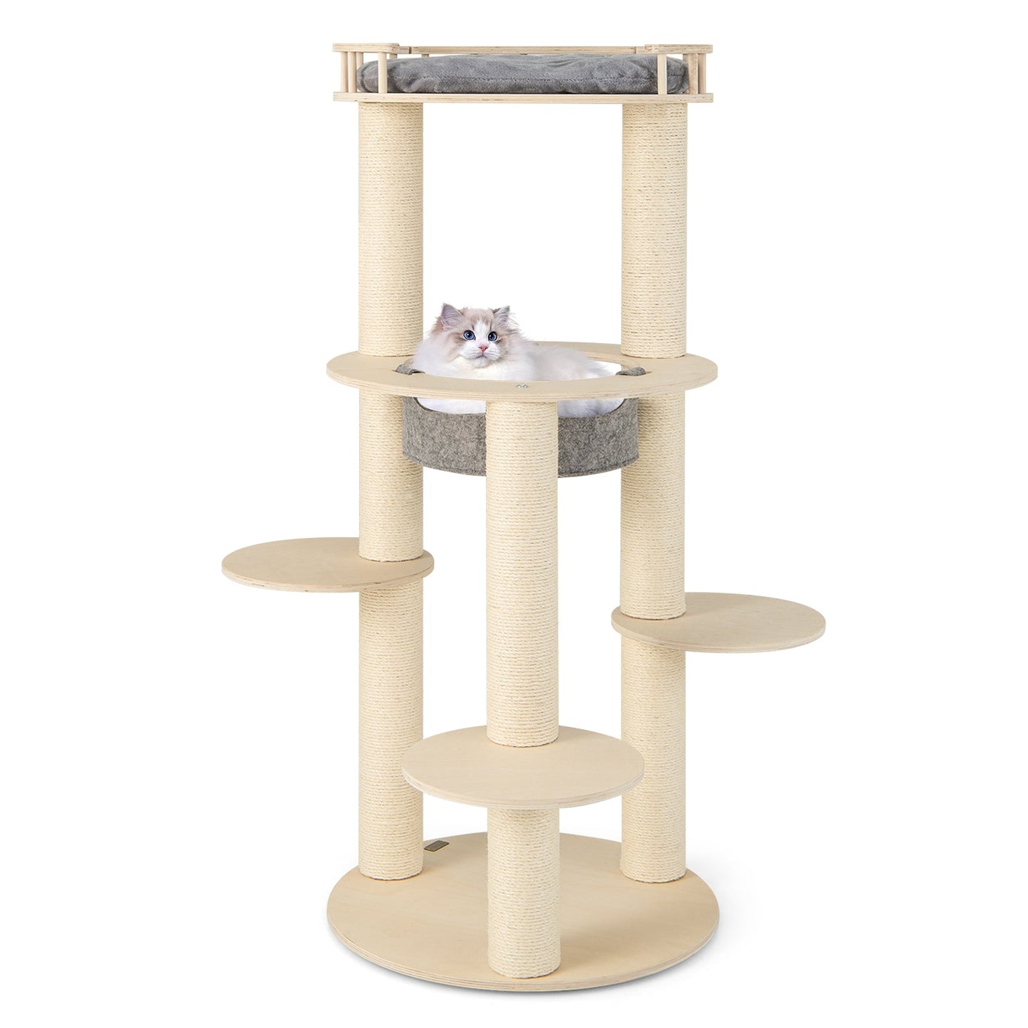 Árbol para Gatos de Madera de 5 Niveles con Perchero Acolchado y Hamaca - Gris