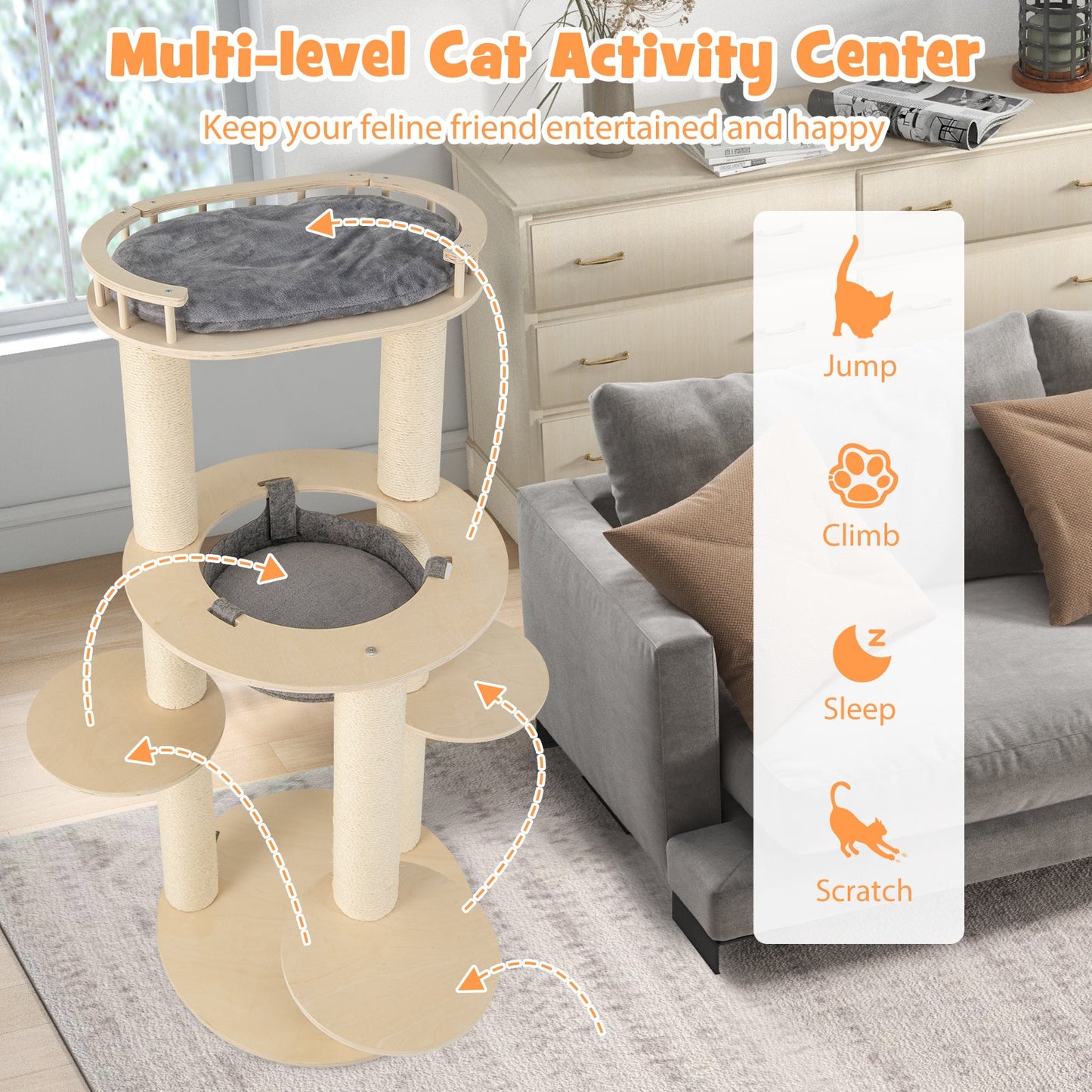Árbol para Gatos de Madera de 5 Niveles con Perchero Acolchado y Hamaca - Gris