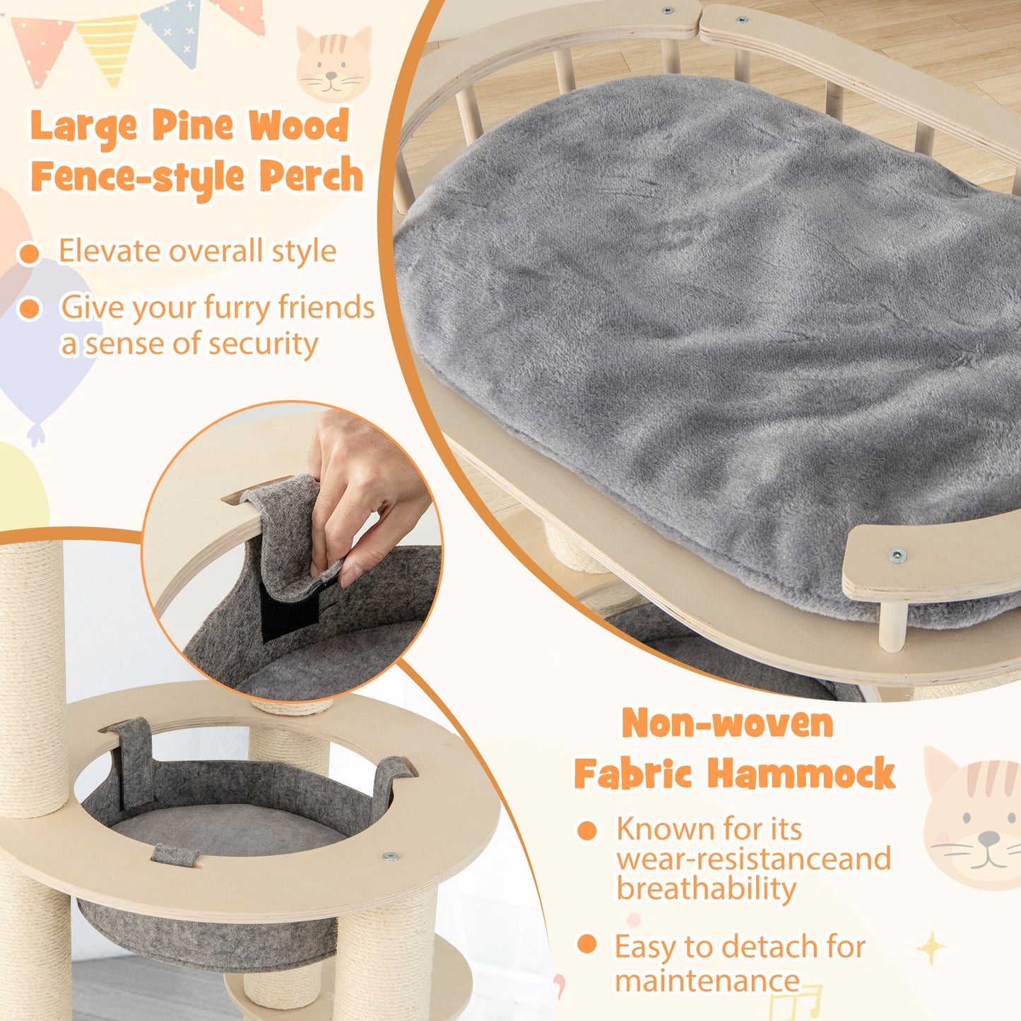 Árbol para Gatos de Madera de 5 Niveles con Perchero Acolchado y Hamaca - Gris