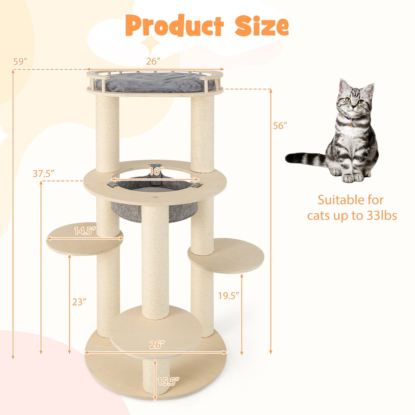 Árbol para Gatos de Madera de 5 Niveles con Perchero Acolchado y Hamaca - Gris