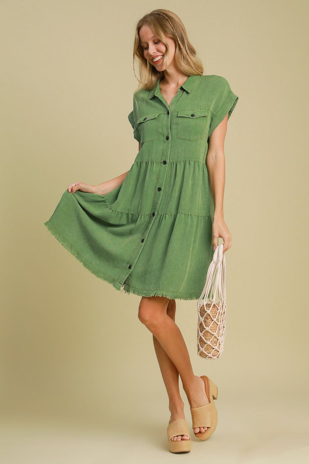 Green Plus Size Button-Down Shirt Dress