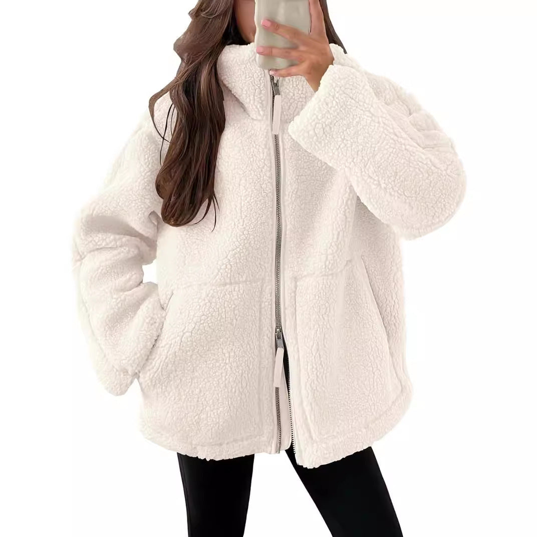 Manteau élégant d'hiver à col avec fermeture éclair et poches