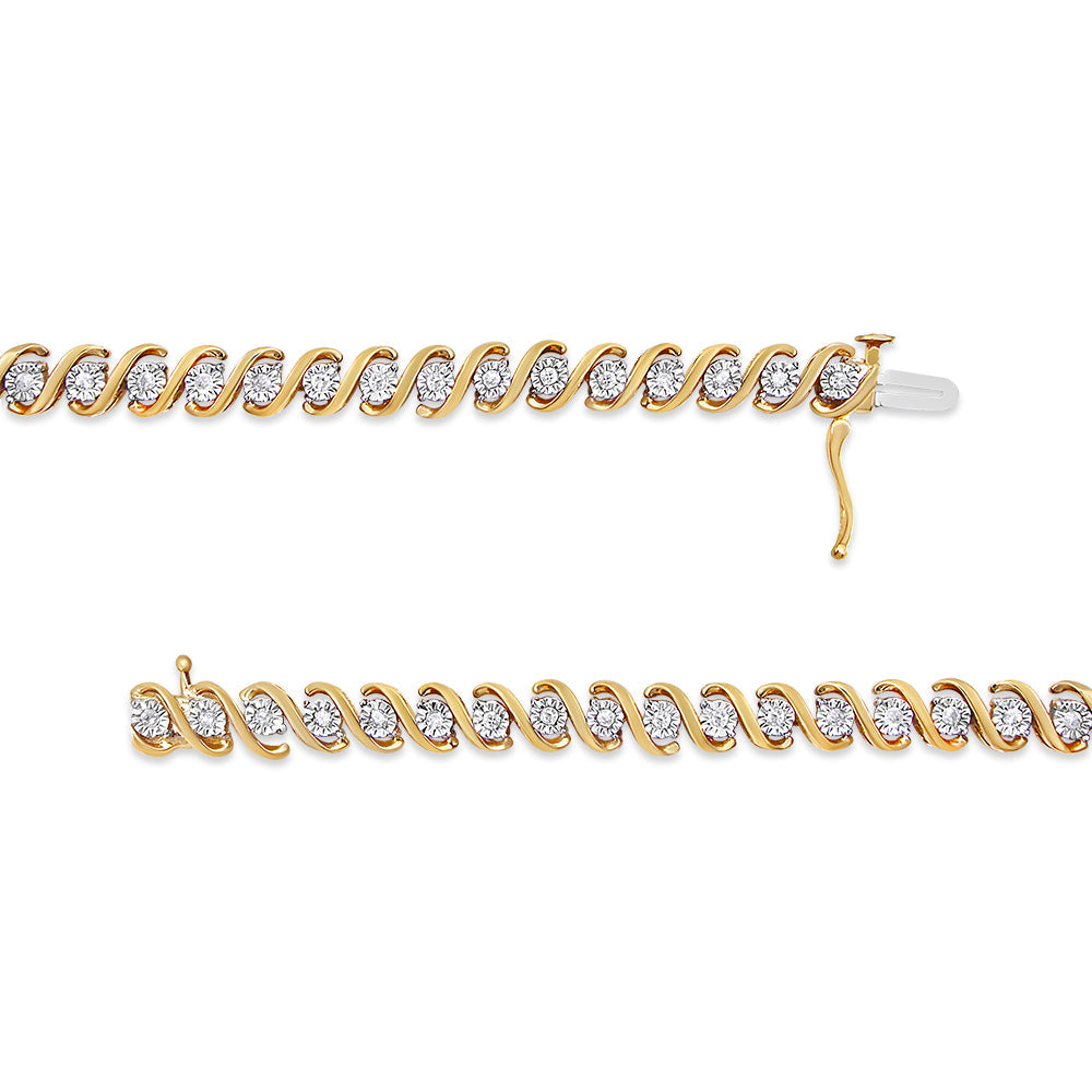Pulsera de Tenis S-Curve de Diamantes Chapada en Oro Amarillo de 14K - 7"