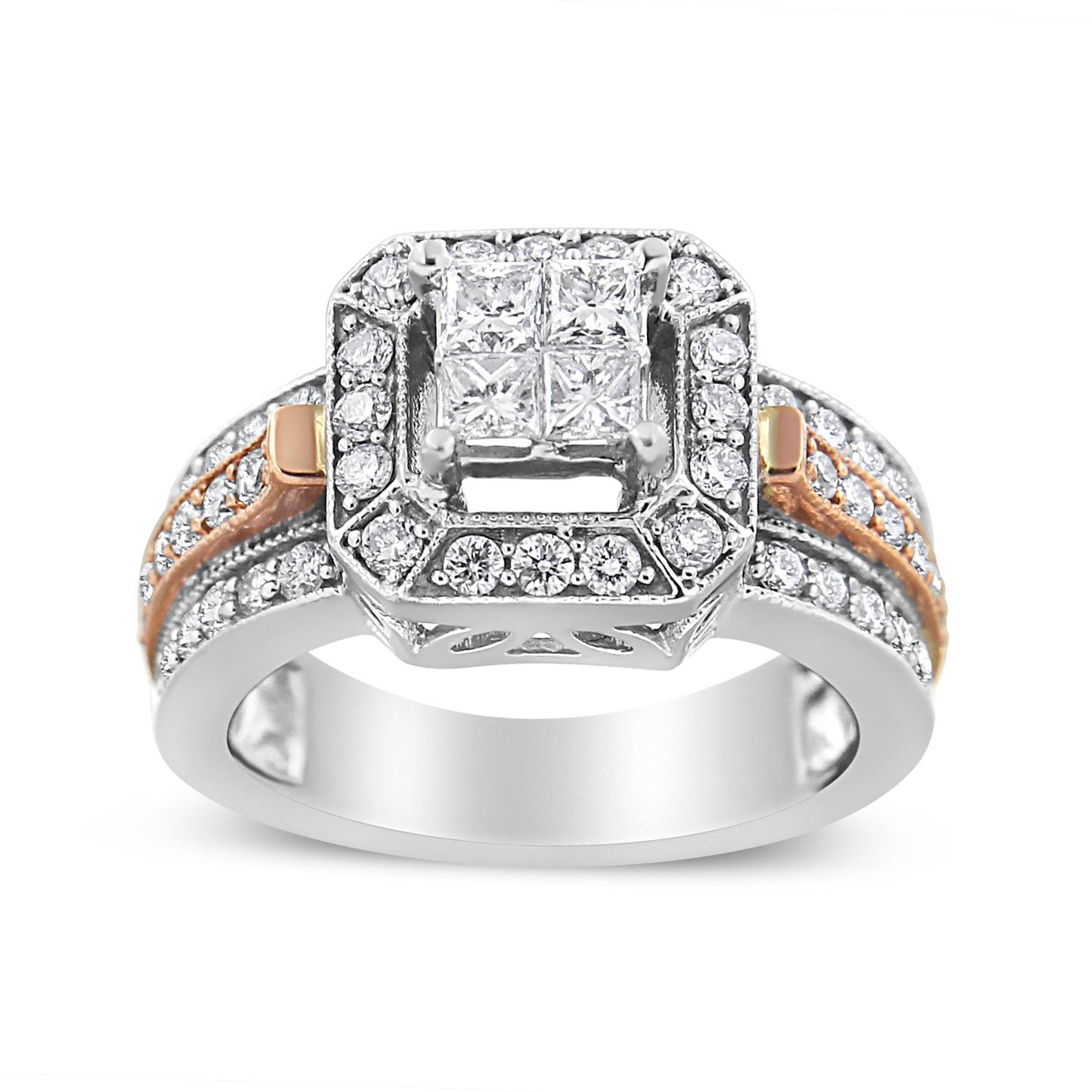 Anillo Halo Art Deco Triple Banda de Diamantes en Oro Blanco y Rosa de 14K - Talla 7