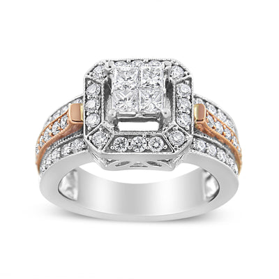 Bague Halo Art Déco en Diamant en Or Blanc et Rose 14K - Taille 7
