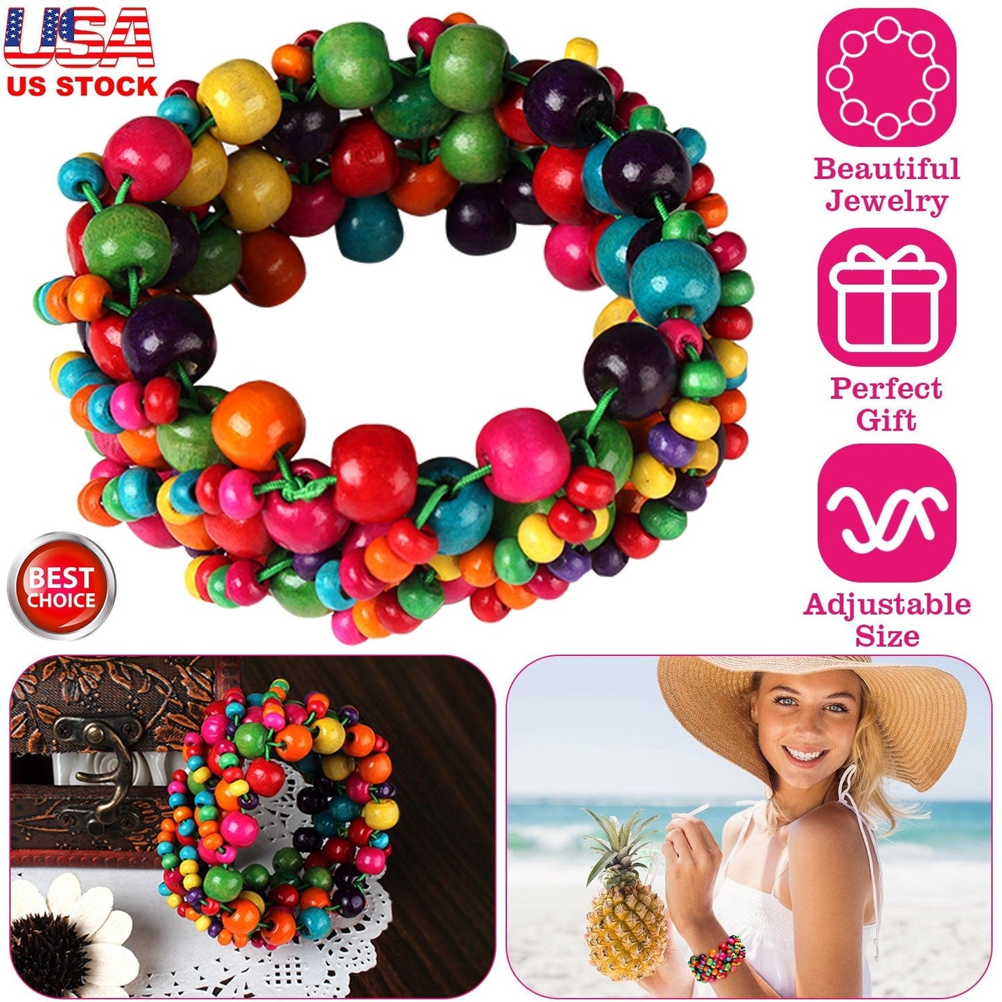 Vibrant Multi-Color Wooden Beaded Stretch Bracelet