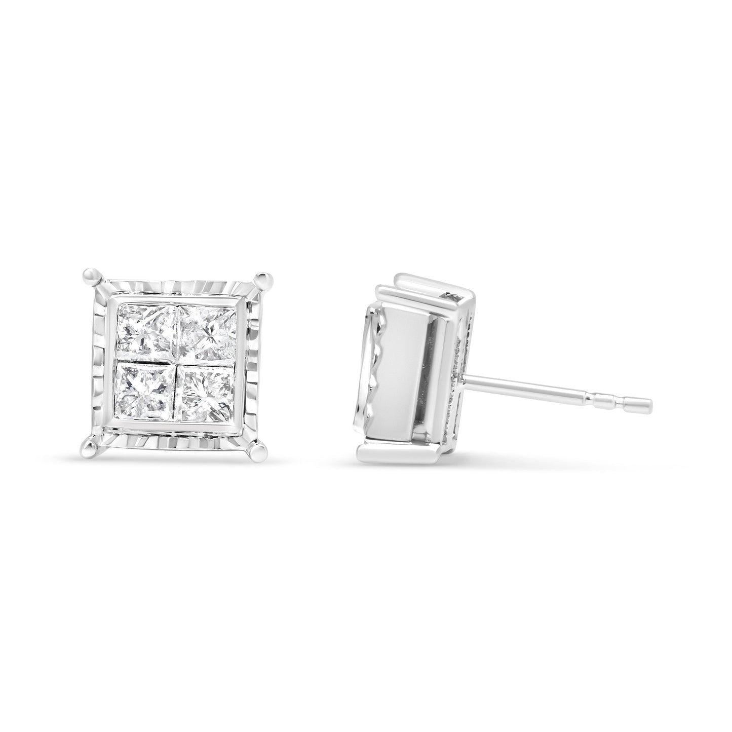 14K White Gold Princess-Cut Diamond Quad Stud Earrings