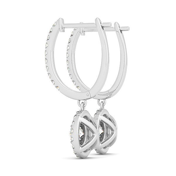14k White Gold Double Halo Round Diamond Drop Earrings