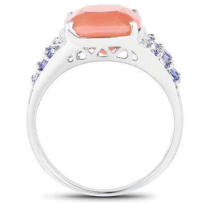 Bague en argent sterling avec pierre de lune pêche et tanzanite de 3,97 carats