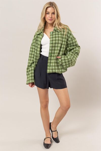 Elegante Chaqueta de Botones de Cuadros de Tweed Verde