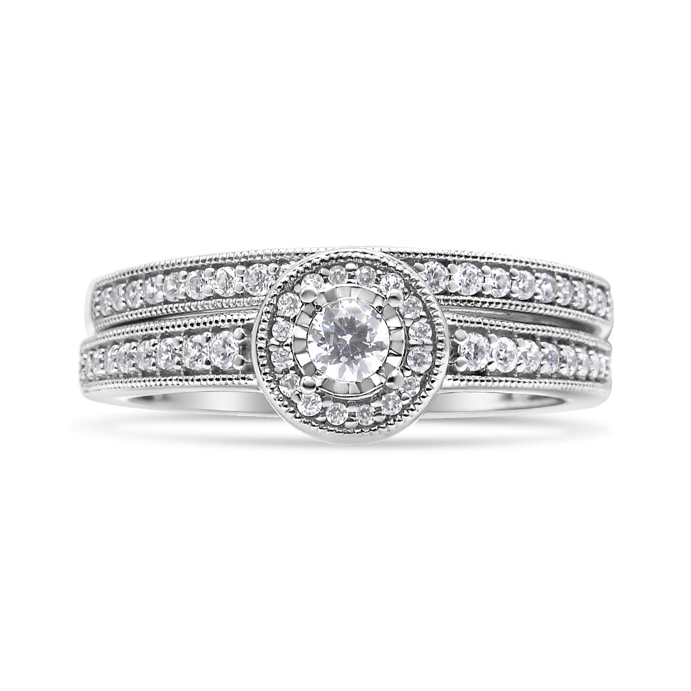 Anillo de Compromiso con Halo de Diamantes de Plata Esterlina .925 1/2 Ctw Conjunto Nupcial