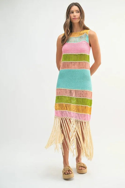Vibrant Multi Color Fringed Crochet Knit Dress for Women