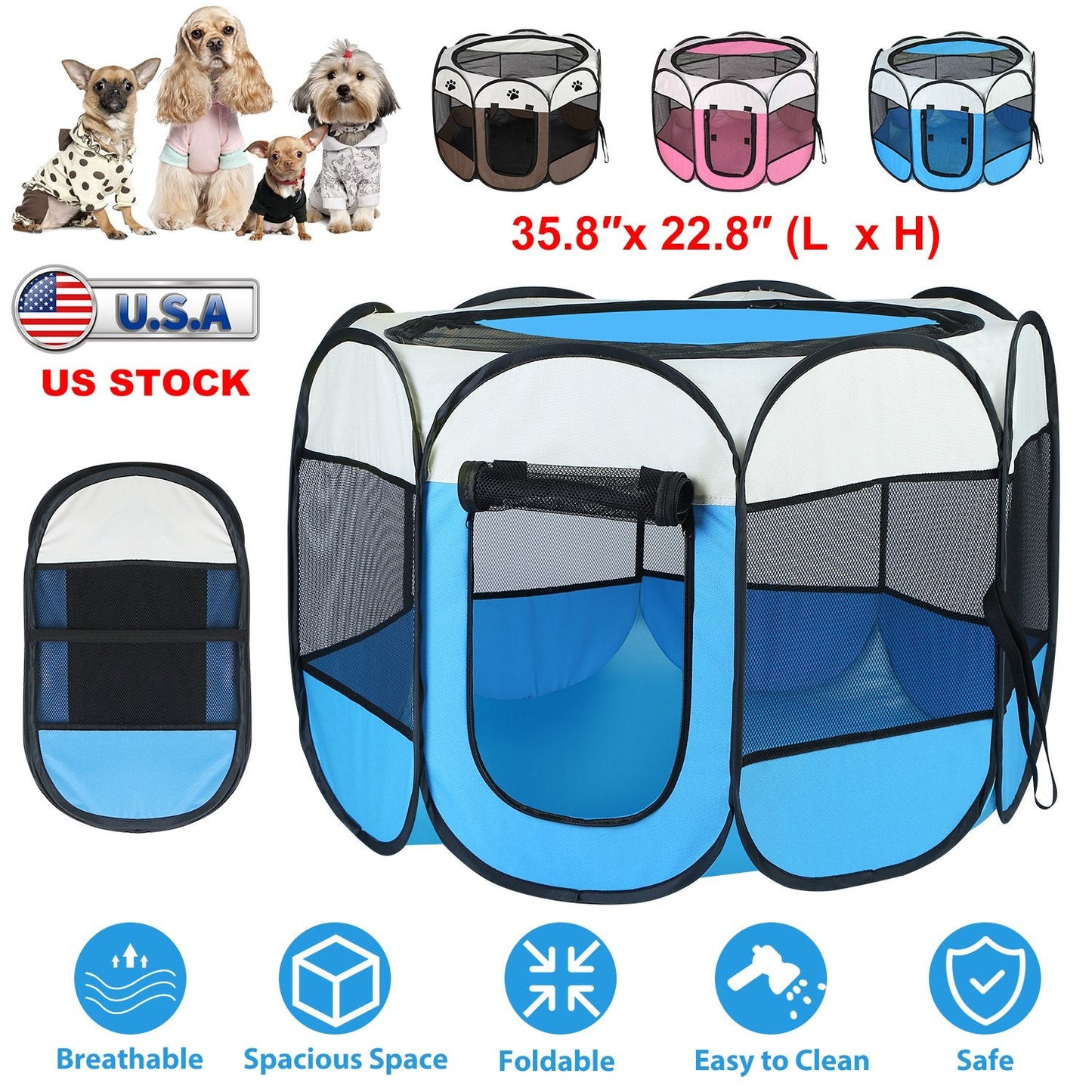 Portable Foldable Pet Tent Exercise Pen Kennel Removable Zipper Top and Bottom Water Resistant Indoor Outdoor Use For Dogs Cats Other Pets - Korvel