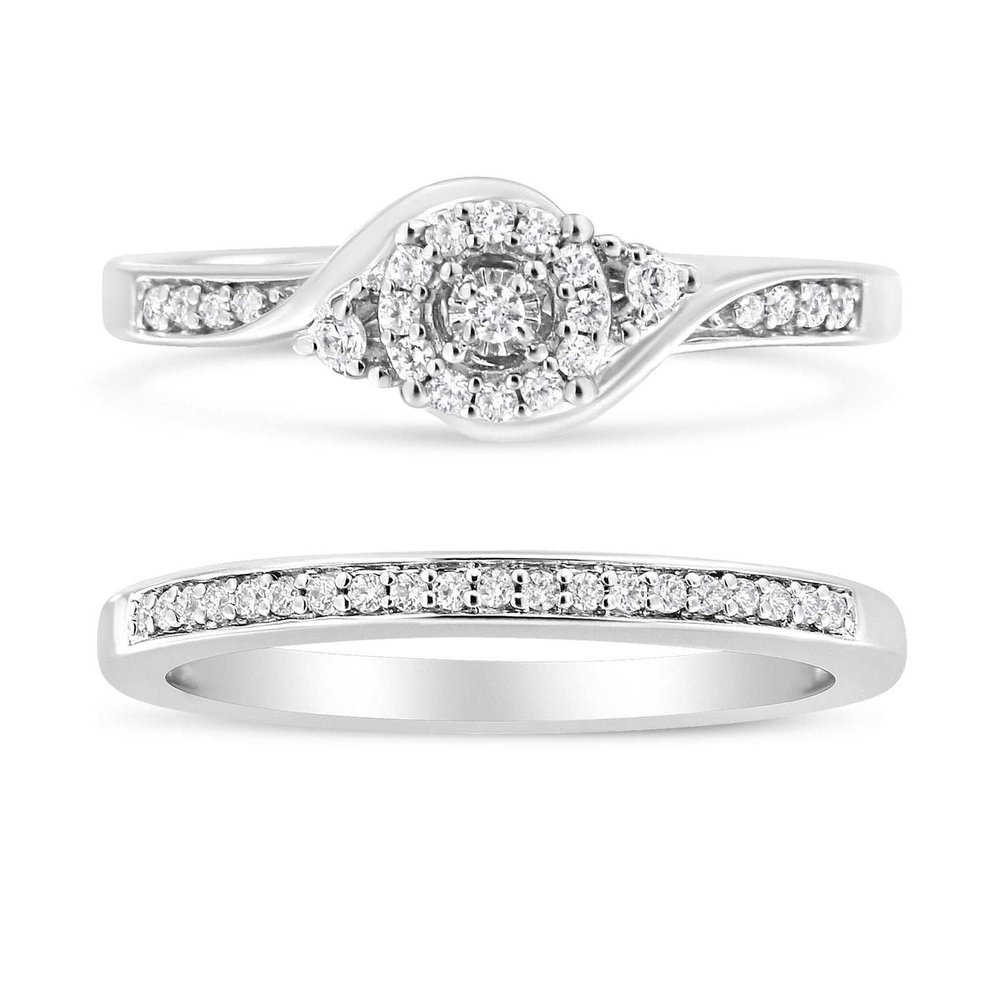 Ensemble de Bague de Fiançailles et de Mariage en Argent Sterling .925 avec Halo de Diamants et Tour