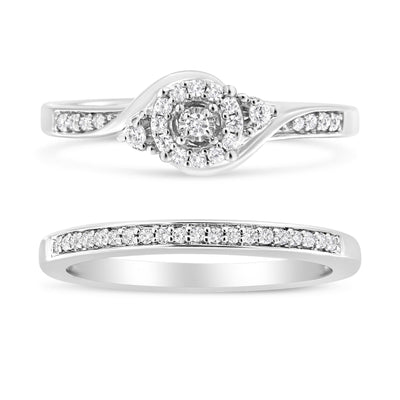 .925 Sterling Silver Diamond Halo and Swirl Engagement Ring Set