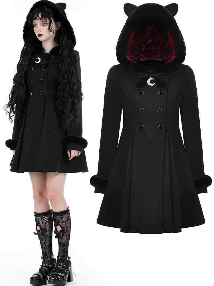 Manteau à capuche noir avec oreilles de chat gothiques
