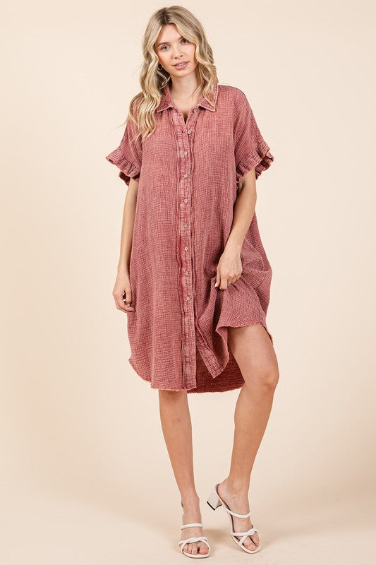 Mineral Wash Cotton Gauze Mini Shirt Dress for Women