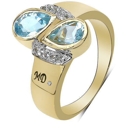 Bague Bypass en Or Jaune 14K Plaqué avec Topaze Bleue et Diamant