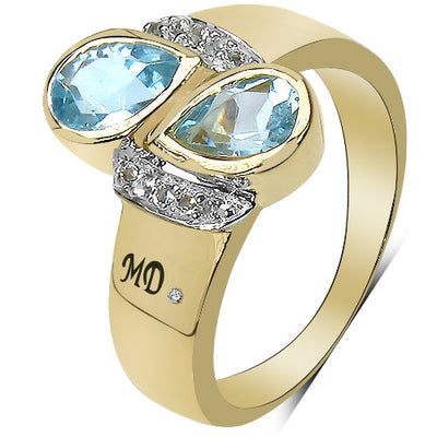 14K Yellow Gold Plated Blue Topaz & Diamond Bypass Ring