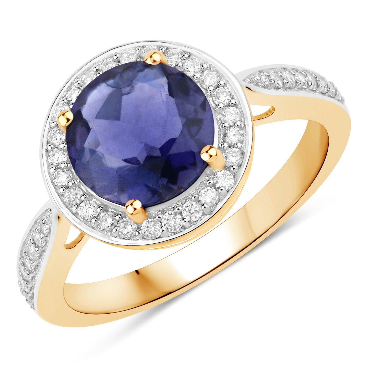 Bague en or jaune 14K avec iolite de 1,79 carat et diamants blancs