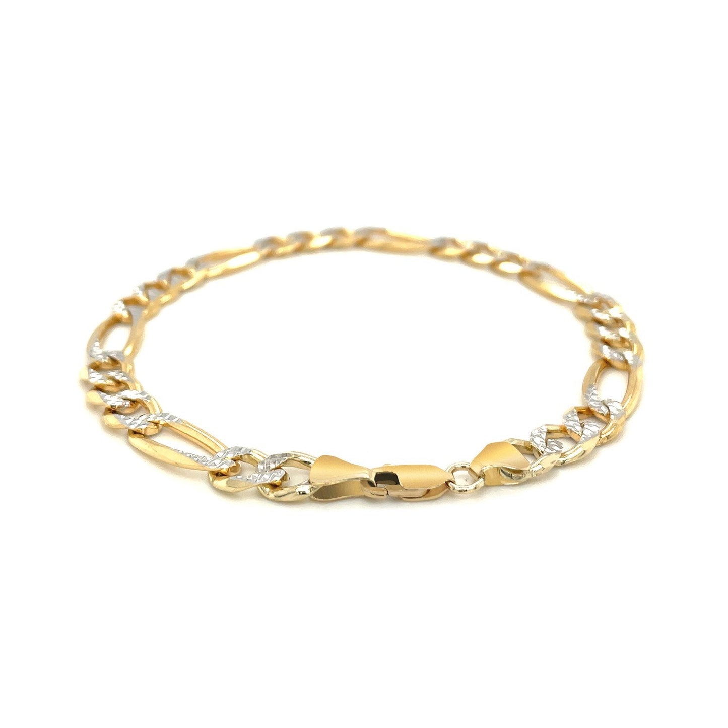 Pulsera Figaro Sólida Pavé de Dos Tonos en Oro Amarillo de 14K - 7.0mm