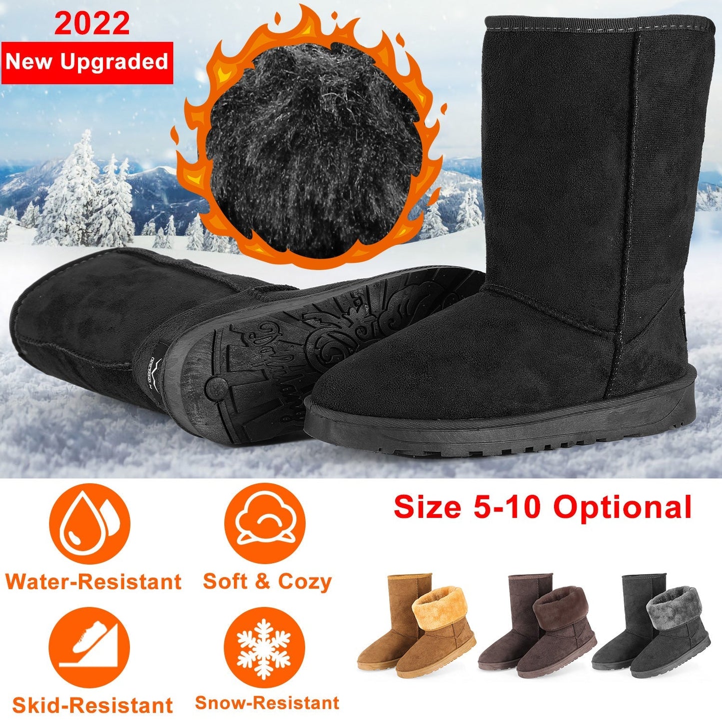 Women’s Waterproof Faux Suede Mid-Calf Snow Boots with Fur Lining