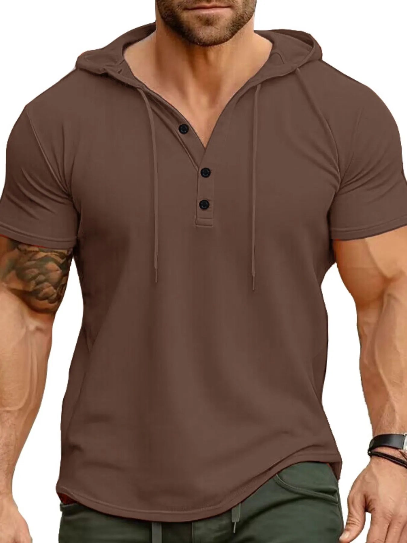 Camiseta Henley con Capucha Casual para Hombre en Tallas Grandes
