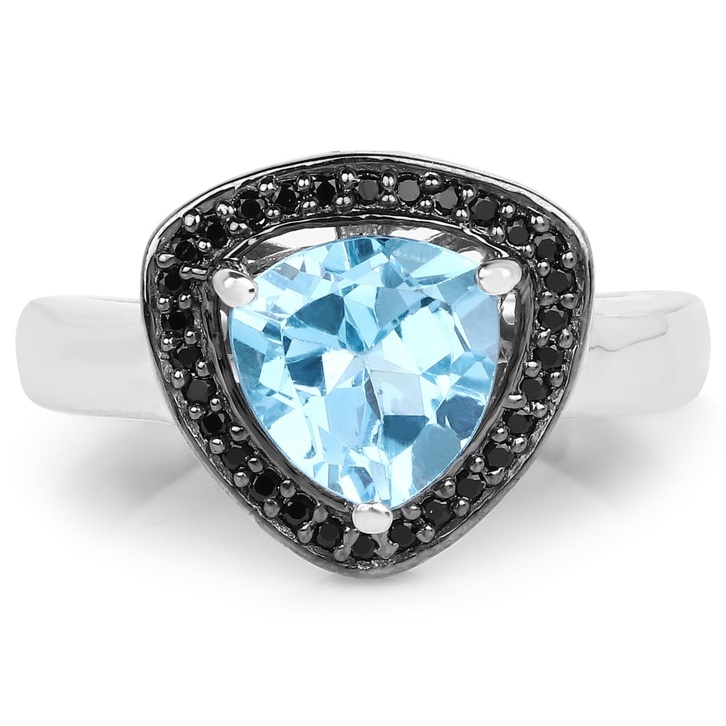 Bague en argent sterling avec topaze bleue suisse de 2,06 carats et diamants noirs
