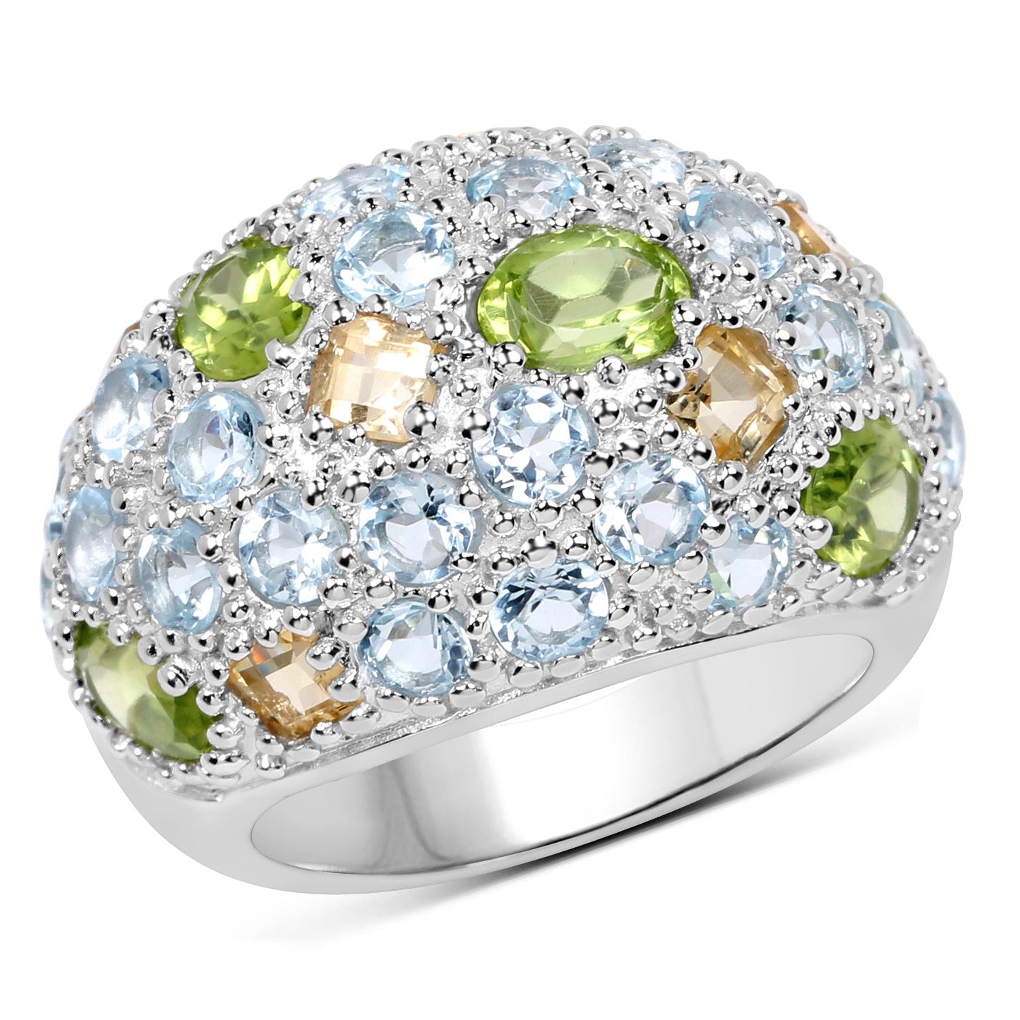 Bague en argent sterling de 11,38 carats en péridot, citrine et topaze bleue
