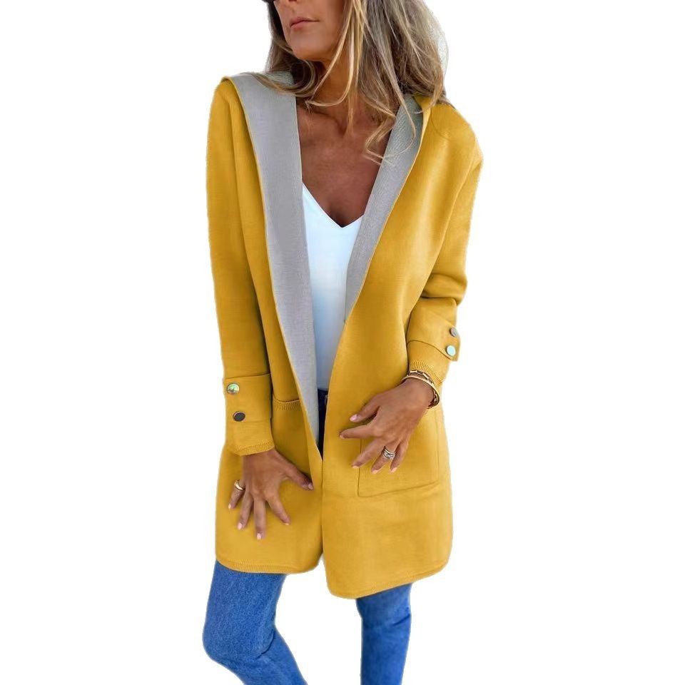 Manteau Cardigan Contrast Élégant pour Femmes avec Capuche