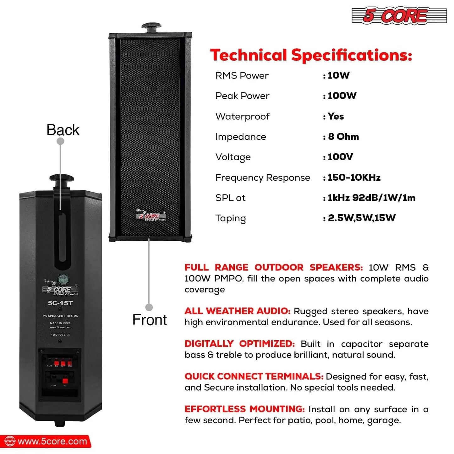 Altavoces estéreo 5Core 100W para interiores/exteriores
