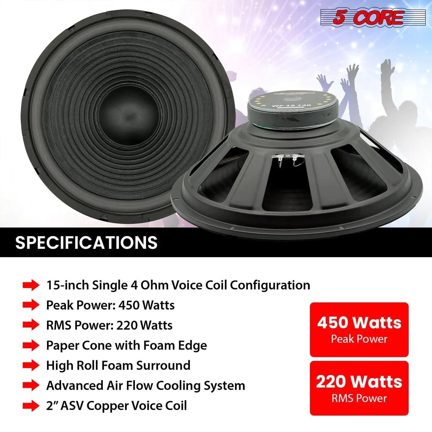Subwoofer 5Core Max Bass de 15 Pulgadas 450W 4Ohm