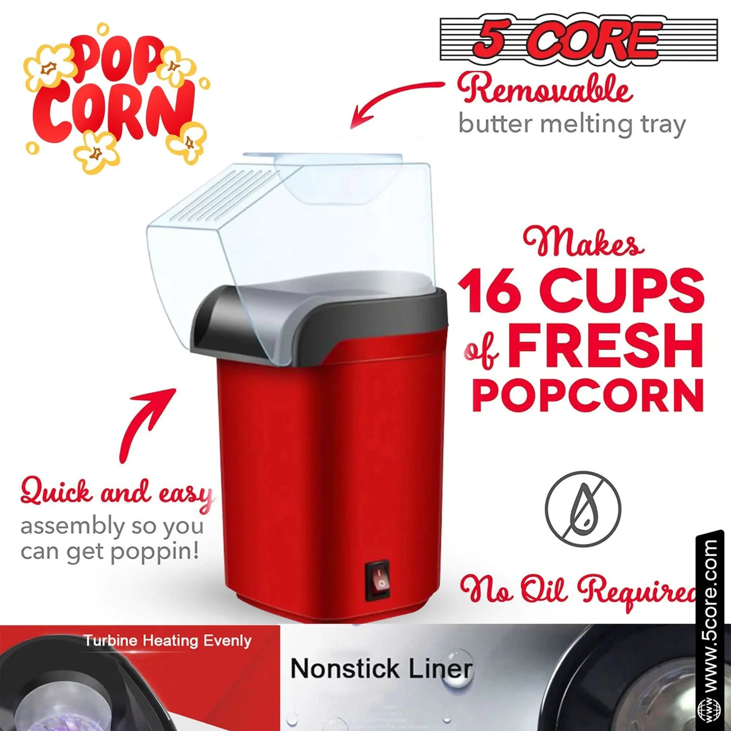 5Core 16 Cup Hot Air Popcorn Maker - Mini Portable Electric Popcorn Machine