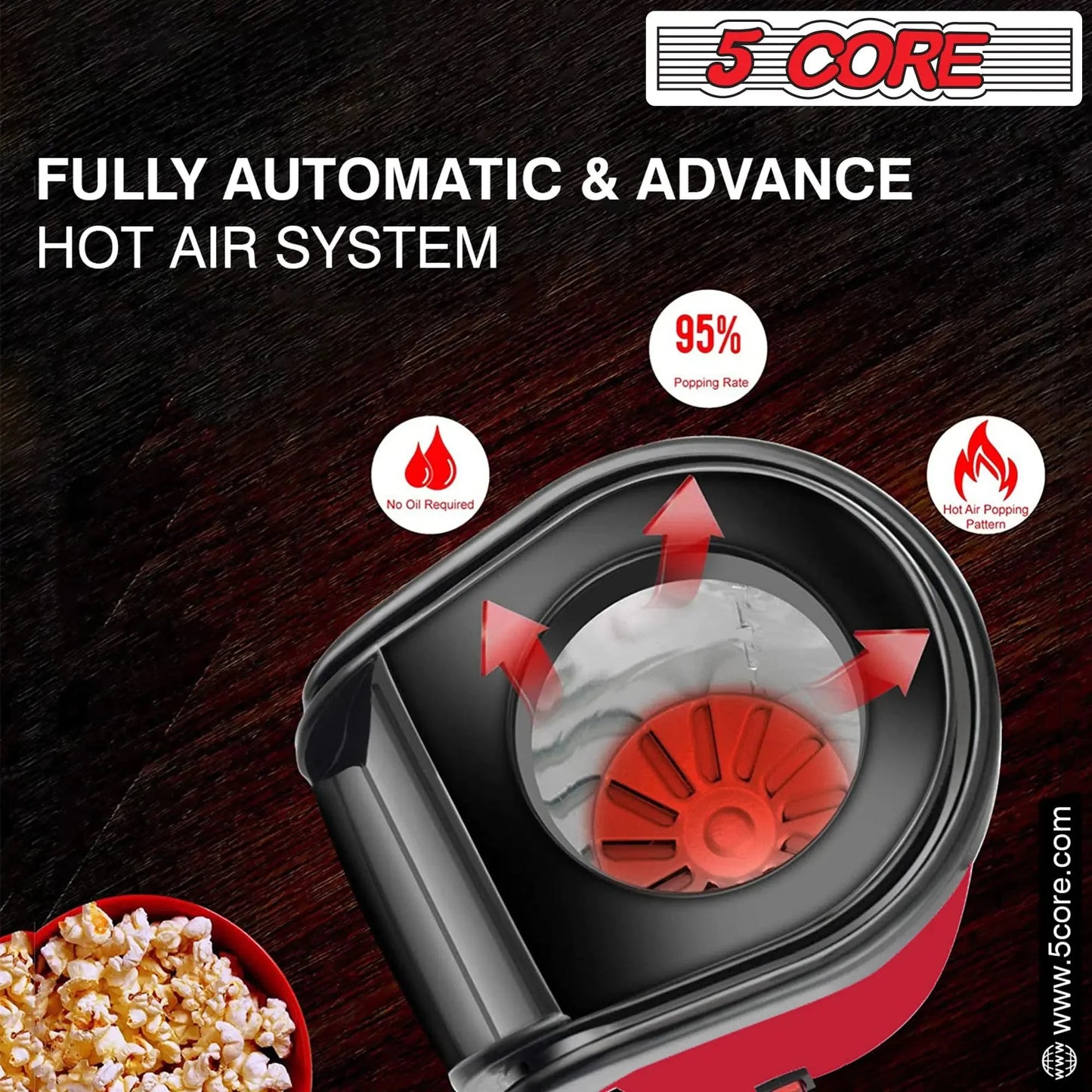 5Core 16 Cup Hot Air Popcorn Maker - Mini Portable Electric Popcorn Machine