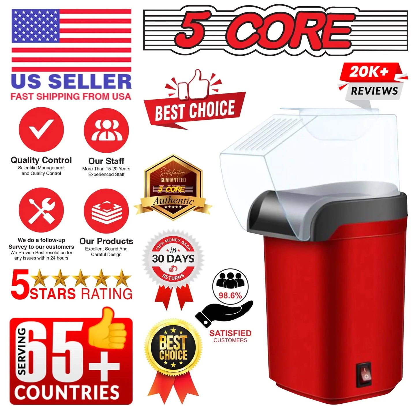 5Core 16 Cup Hot Air Popcorn Maker - Mini Portable Electric Popcorn Machine