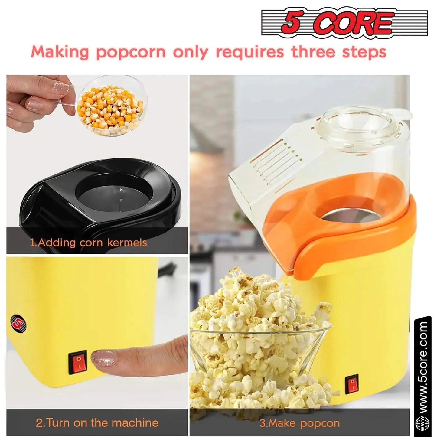 5Core 16-Cup Hot Air Popcorn Maker - Mini Portable Electric Popcorn Machine