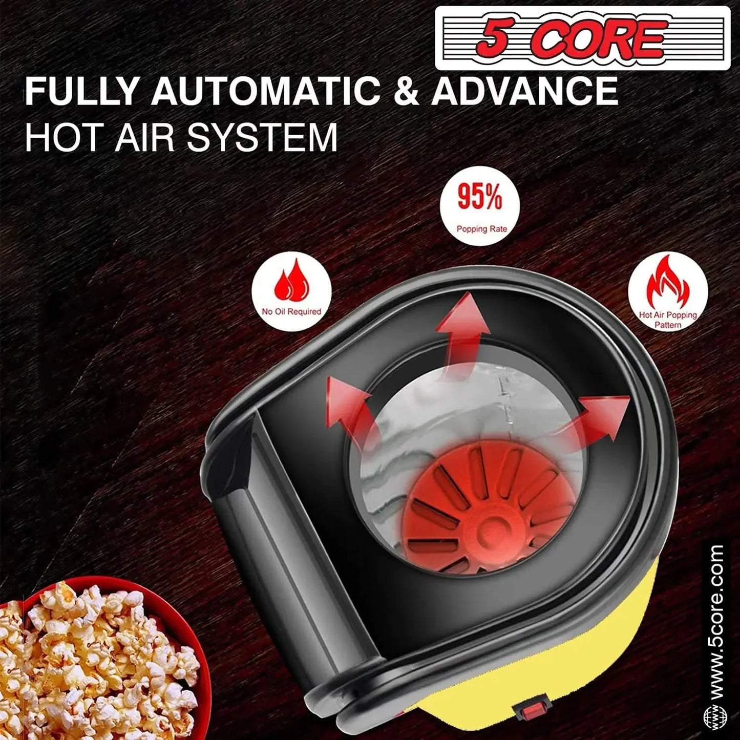 5Core 16-Cup Hot Air Popcorn Maker - Mini Portable Electric Popcorn Machine