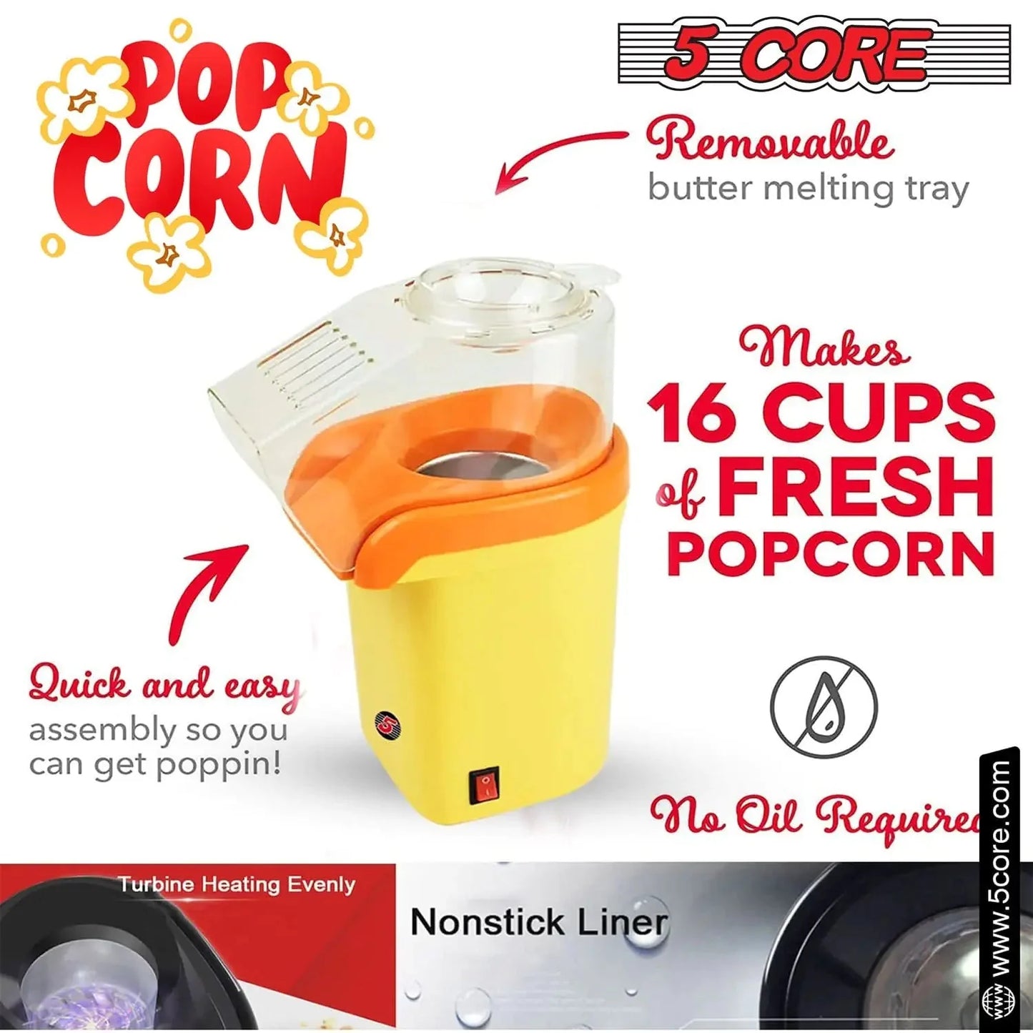 5Core 16-Cup Hot Air Popcorn Maker - Mini Portable Electric Popcorn Machine
