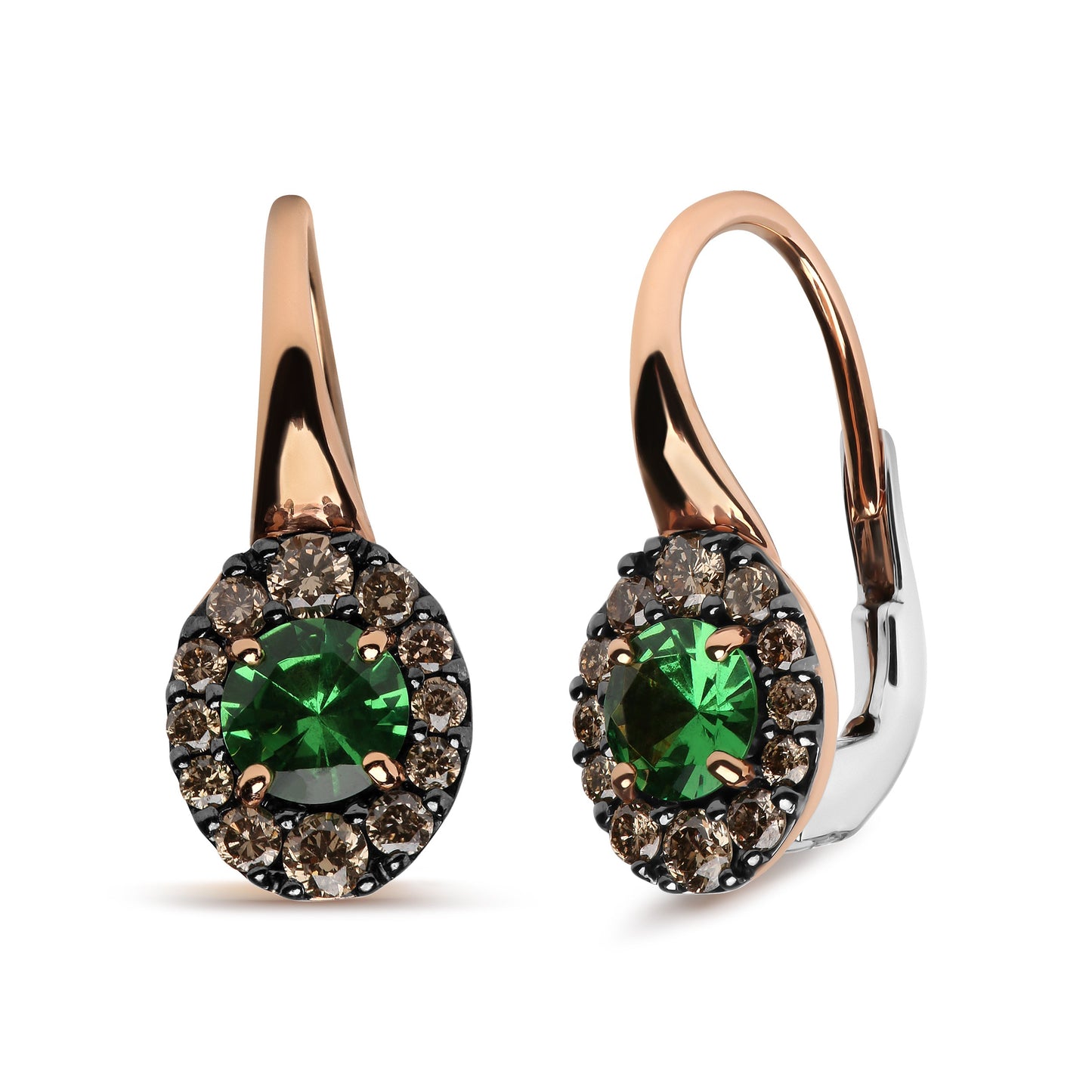 Boucles d'oreilles créoles en or rose et blanc 18K avec diamants bruns et tsavorite verte