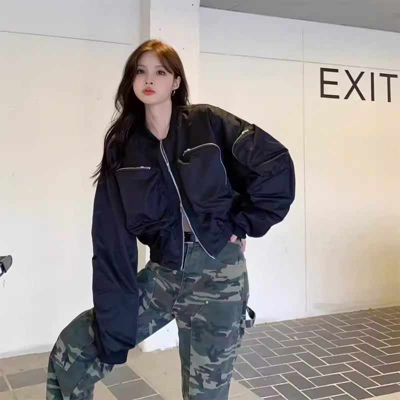 Casual Black Workwear-style Baseball Jacket