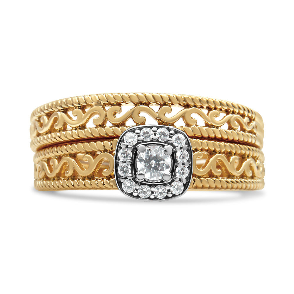 Ensemble de Bagues de Fiançailles en Argent Sterling Plaqué Or Jaune 14K avec Halo de Diamants - Tai