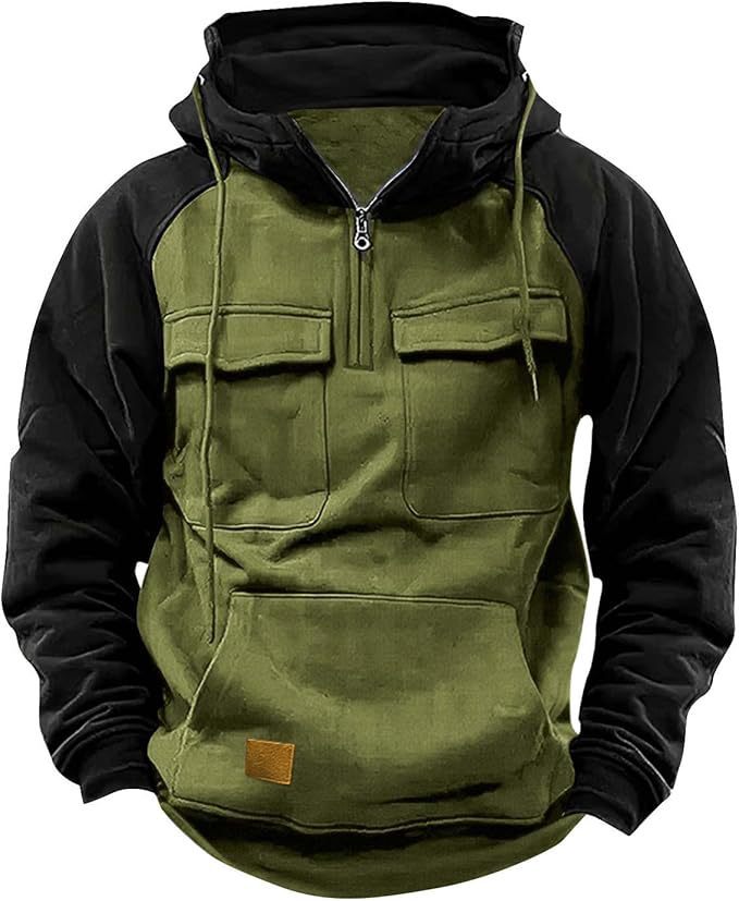 Men's Retro Cargo Hoodie with Half Zipper and Pockets