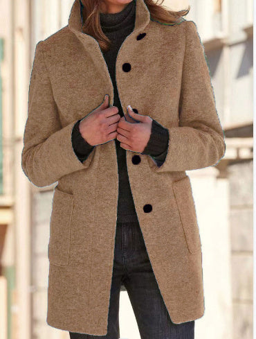 Manteau en Laine à Col Montant avec Poches pour Femmes