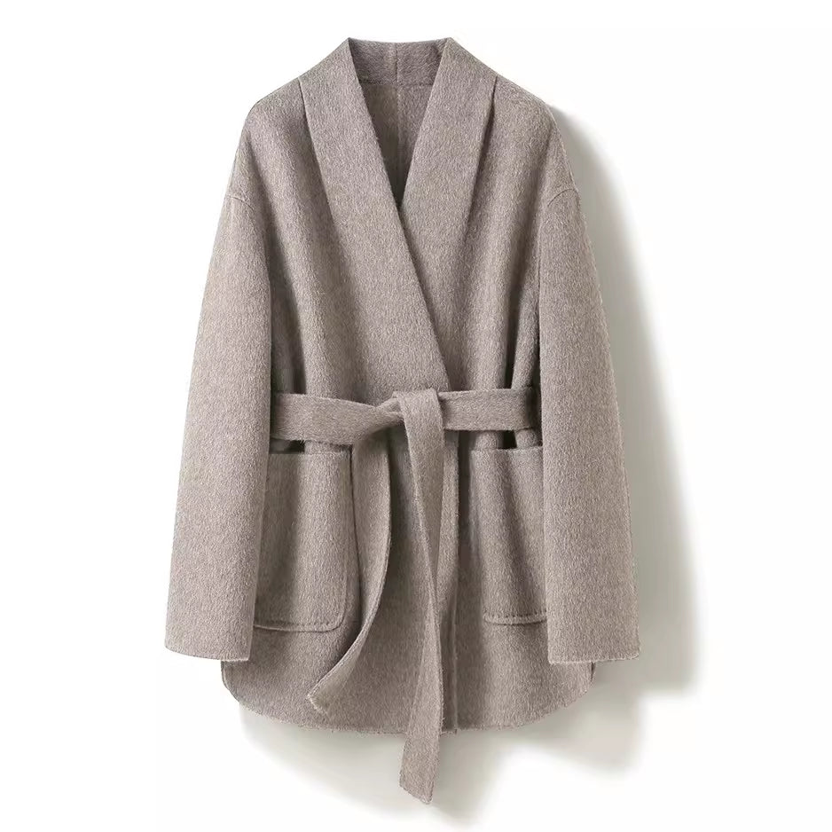 Camel-Wool V-Neck Double-Faced Belted Coat