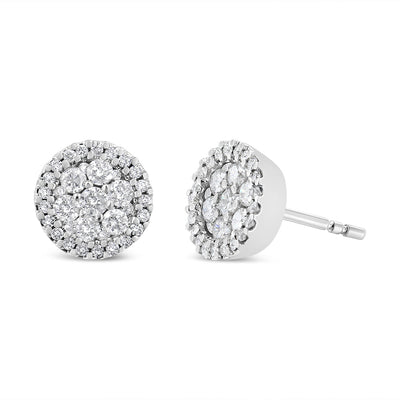 Pendientes de botón con halo de diamantes en oro blanco de 14 quilates 1.0 Cttw