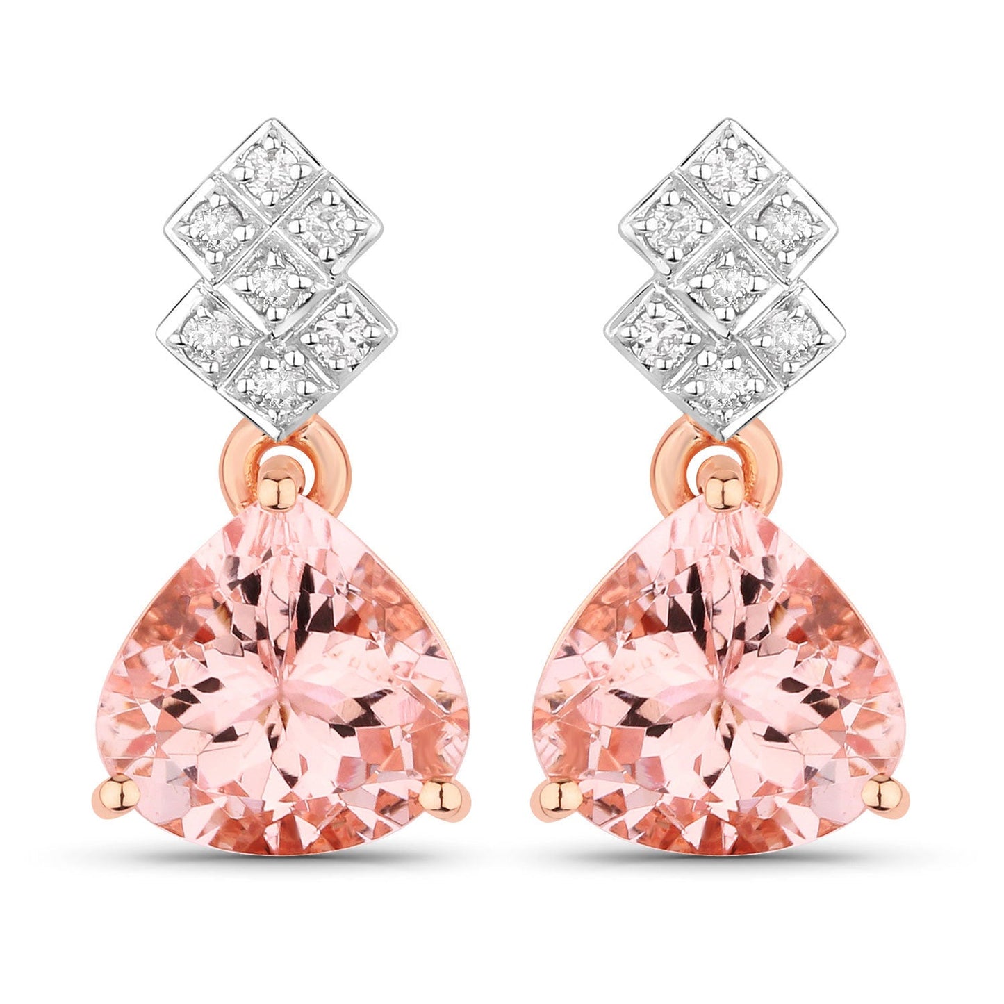 Boucles d'oreilles en morganite véritable de 3,31 carats et diamants blancs en or rose 14K