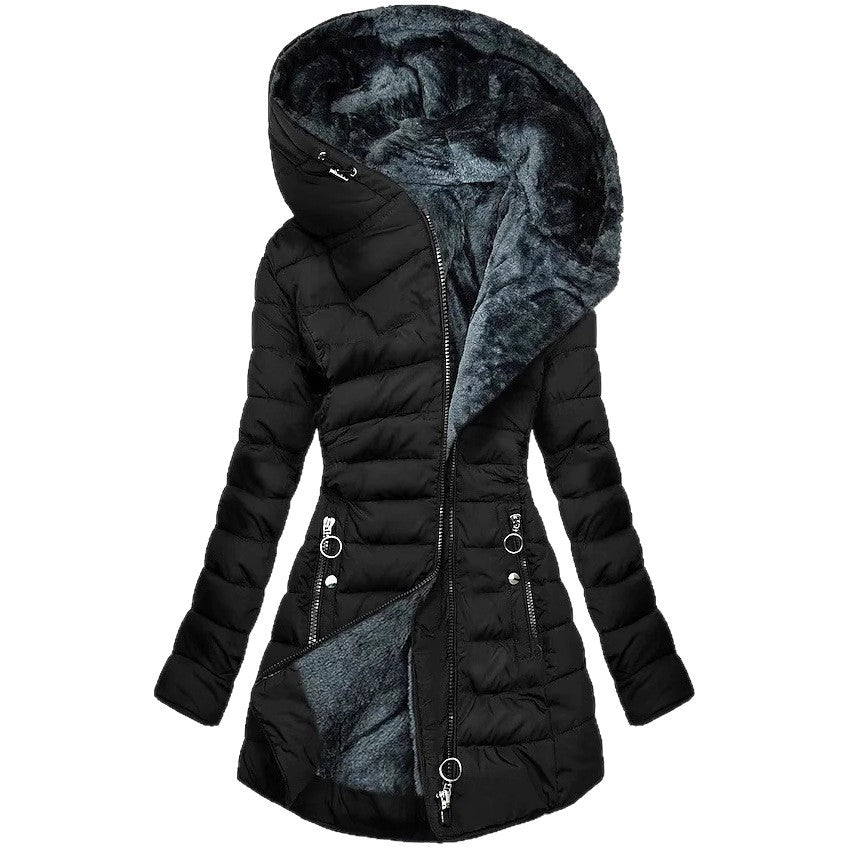 Abrigo acolchado de algodón grueso para mujer elegante con cuello de piel