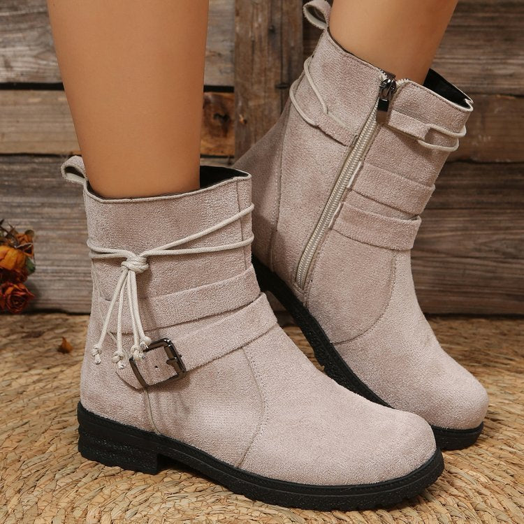 Buckle Square Heel Round Head Fashion Boots with Side Zipper