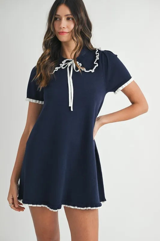 Ruffle Trimmed Collar Fine Knit Mini Dress for Women