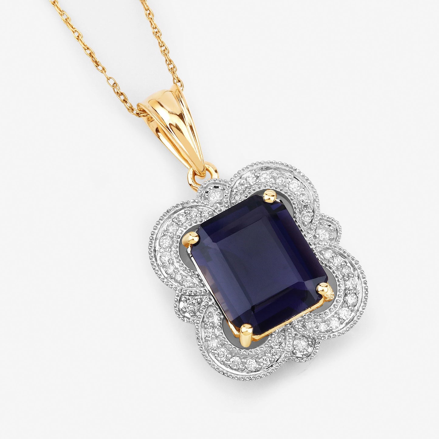 4.07 Carat Iolite and Diamond 14K Yellow Gold Pendant